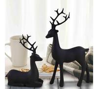 Christmas 2 Pcs Black Reindeer Sculpture, Resin Sitting Standing Deer Statue, Cute Reindeer Figurines Deer Decorations, Gold Silver Blacks Resin Elk Statues, Birthday Gift for Girl Men(Black)
