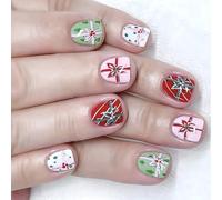 Christmas 24Pcs Redness White Bows Design Sparkling Glitters Detailing Square Shape For Gift Giving Occasions Reusable Press On Nail