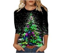 Christmas 3/4 Sleeve Shirts for Women Dressy Casual Crew Neck Tunic Tops Funny Sparkly Xmas Tree Printed Blouse UK Trendy Lightweight Oversized T-Shirt Ladies Comfy Jumper
