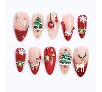 Christmas 3D Press on Nails Set, 30PCS Almond Fake Nails with Glue - Full Cover Stick on False Nails with 3D Xmas Tree Reindeer Bell Snowflake Designs for Women Party Festival Manicure Nail Art