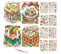 Christmas 3D Scene Sticker 4Pcs Set with Background Cards & Tweezer Christmas House Sticker Therapy Craft Kit for Kids&Adults