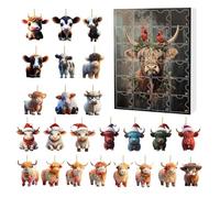 Christmas Advent Highland Cow 2D Acrylic Hangable Ornaments Cute 2D Highland Cow Hanging Ornaments Animal Charm 24 Day Countdown Calendar Pendant For Christmas Tree