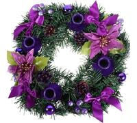 Christmas Advent Wreath Candle Holder, 12 Inch Xmas Table Centrepiece Pine Wreath with Purple Ribbion Bows and Flowers, Christmas Table Decoration for Fireplace, Counter, Tabletop Decor