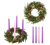 Christmas Advent Wreath Candle Holder with 4 Flameless Candles Christmas Norfolk Pine Candle Ring Holder Advent Wreaths with Red Berries Golden Leaves for Season Table Centerpiece Decor