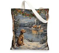 Christmas Airedale Terrier Dog Canvas Tote Bag for Shopping 13 * 15, Xmas Snowy Scene Reusable Grocery Bag for Women, Pet Travel Painting Gift Decoration