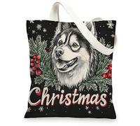 Christmas Alaskan Malamutes Dog Canvas Tote Bag for Shopping 13 * 15, Fun Xmas Hollies Reusable Grocery Shoulder Cloth Bag for Women, Pet Painting Gift Decor