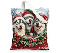 Christmas Alaskan Malamutes Dog Canvas Tote Bag for Shopping 13 * 15, Funny Xmas Truck Reusable Grocery Shoulder Cloth Bag for Women, Pet Painting Gift Decoration