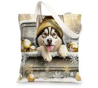 Christmas Alaskan Malamutes Dog Canvas Tote Bag for Shopping 13 * 15, Luxury Xmas Truck Reusable Grocery Shoulder Cloth Bag for Women, Pet Painting Gift Decor