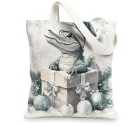 Christmas Alligator Canvas Tote Bag for Shopping 13 * 15, Funny Luxury Xmas Gifts Reusable Grocery Bag for Women, Animal Travel Painting Gift Decoration