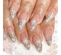 Christmas Almond French Tip False Nails, 24PCS Glitter Pink Oval Shaped Press on Nails with White Snowflakes Design, Reusable Fake Nails Almond, Cute Acrylic Press-On Nail for Nail Art Accessories