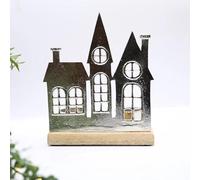 Christmas Aluminium Townscape Tealight Holders 16cm Scene on Wooden Frame House Decor Ornament
