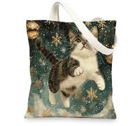 Christmas American Shorthair Cats Canvas Tote Bag for Shopping 13 * 15, Luxury Snowflakes Reusable Grocery Bag for Women, Pet Travel Painting Gift Decoration