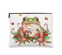 Christmas Amphibian Cosmetic Bag, Fanciful Holiday Makeup Pouch for Women, Portable Canvas Zipper Organizer, Winter Skincare Toiletry Bag 7x9 Inch