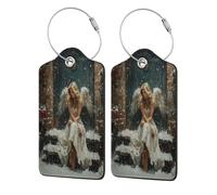 Christmas Angel in The Snow Vintage Luggage Tag for Suitcase 2 Pack Leather Luggage Tag with Privacy Flap Name Id Label and Metal Loop for Women Men Travel