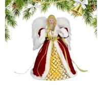 Christmas Angel Tree Topper - Red Gold Figurine With LED Lights, Exquisite Fairy Treetop Ornament for Holiday Decoration