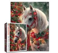 Christmas Animal 1000 Piece Jigsaw for Adults White Horse Red Poinsettia Christmas Day Winter Scene Puzzles Challenging Family Activity Games Wildlife Handwork Present Home Wall Decor Gifts