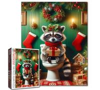 Christmas Animal 1000 Piece Puzzle for Adults Cute Raccoon on Toilet Jigsaw Xmas Decor with Abstract Modern Art Colorful DIY Craft Puzzles for Family Challenging Unique Puzzle Games Gift 20 x 27 Inch