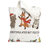 Christmas Animal Canvas Tote Bags, Cute Cat and Fox Print Reusable Grocery Bags, Winter Fanciful Lightweight Washable Shoul, White, 13x15 Inch