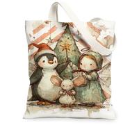 Christmas Animal Canvas Tote Bags, Penguin and Mouse Design Reusable Grocery Bags, Winter Lightweight Washable Canvas for T, White, 13x15 Inch