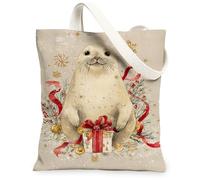 Christmas Animal Canvas Tote Bags, Vintage Seal Design Reusable Grocery Bags, Artistic Holiday Lightweight Washable Shoulder Strap Canvas for Travel Shopping 13x15 Inch