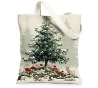 Christmas Animal Canvas Tote Bags, Vintage Woodland Scene Reusable Grocery Bags, Rustic Lightweight Washable Shoulder Strap Canvas for Travel Outdoor Beach Picnic 13x15 Inch