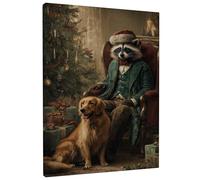 Christmas Animal Canvas Wall Art, Green Brown Raccoon Dog Holiday Prints, Fanciful Wall Art Home Decor for Living Room, Bedroom, Office, Wrapped Canvas 16x20 Inch