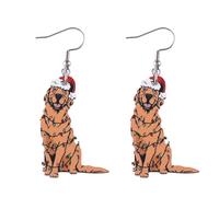 Christmas Animal Earrings Funny Santa Hat Animal Earrings Christmas Hat Golden Retriever Border Collie Dinosaur Dolphin Cow Hippo Duck Wooden Earrings Christmas Xmas Holiday Party Jewelry Gifts, Wood