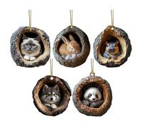 Christmas Animals Ornaments - 5Pcs Cute Christmas Tree Pendants, 2D Flat Animals Rustic Seasonal Decoration, Cat, Rabbit, Hippo, Wolf, Panda in the Tree Hole Ornaments for Home, Ceiling, Bookshelf