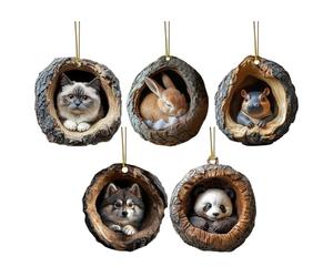 Christmas Animals Ornaments - 5Pcs Cute Christmas Tree Pendants, 2D Flat Animals Rustic Seasonal Decoration, Cat, Rabbit, Hippo, Wolf, Panda in the Tree Hole Ornaments for Home, Ceiling, Bookshelf