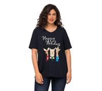Ulla Popken Women's T-Shirt, V-Neck, Christmas Animals, Navy, 20-22