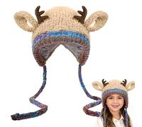 Christmas Antler Hat, Festive Christmas Antler Hat, Cute Christmas Antler Beanie Hat, Windproof Convertible Knitted Antler Beanie Cap (Khaki)