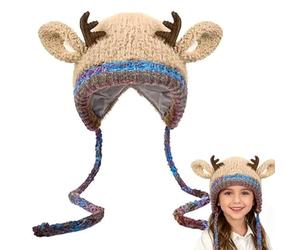 Christmas Antler Hat, Festive Christmas Antler Hat, Cute Christmas Antler Beanie Hat, Windproof Convertible Knitted Antler Beanie Cap (Khaki)