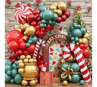 Christmas Arch Garland Kit, 125 Pack Retro Dusty Red Green Gold Balloons, Candy Cane Foil Decor, Long Gold as Gift Box Ruby Red for Xmas New Year Party Decorations