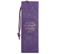 Christmas Art Gifts Vegan Leather Scripture Bookmark for Women: Strength and Dignity - Proverbs 31:25 Inspirational Bible Verse Heat-Debossed, Faith-Based Reading Accessory w/Tassel, Purple Sunflower