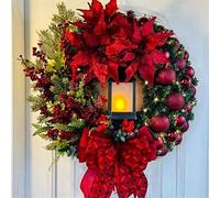 Christmas Artificial Flocked Red Wreath with LED Lights, Mixed Decorations for Window, Porch, Wall Mantel (C)