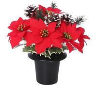 Christmas Artificial Flowers for Graves Pack 1 | Red Poinsettia with Snowy Cone & Variagated Holly | Cemetery Artificial Grave Flower Pots | Durable Grave Pot for Floral Arrangement Decorations