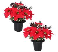 Christmas Artificial Flowers for Graves Pack 2 | Red Poinsettia with Snowy Cone & Variagated Holly | Cemetery Artificial Grave Flower Pots | Durable Grave Pot for Floral Arrangement Decorations