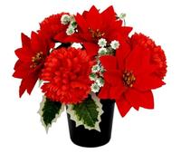 Christmas Artificial Flowers for Graves | Red Poinsettia with Chrysanthemums | Cemetery Artificial Grave Flower Pots | Durable Grave Pot for Floral Arrangement Decorations