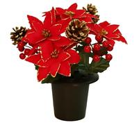 Christmas Artificial Flowers for Graves | Red Poinsettia with Cone & Holly Berry | Cemetery Artificial Grave Flower Pots | Durable Grave Pot for Floral Arrangement Decorations