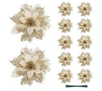 Christmas Artificial Flowers with Stems, 12 Pieces Xmas Glitter Poinsettia Flowers Wreath Ornaments for Christmas Tree, New Year, Wedding Party Garland Decoration (Gold)