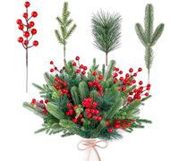Christmas Artificial Pine Branches with Red Berry Stems, 60 Pcs Christmas 3D Artificial Pine Branches Faux Evergreen Cedar Sprigs Branches Red Berry Stems Christmas Pine Needles for DIY Craft Wreath