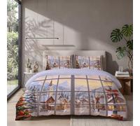 Christmas Artificial Windows Duvet Cover Double, 3 Piece, 200x200cm | Winter Snow Mountain Town Bedding Set, Ultra Soft Microfiber Breathable, Reversible Bed Set with 2 Pillowceses, Light Yellow