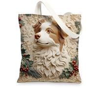 Christmas Australian Shepherd Dog Canvas Tote Bag for Shopping 13 * 15, Fun Xmas Luxury Reusable Grocery Shoulder Cloth Bag for Women, Pet Painting Gift Decor