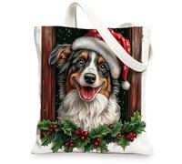 Christmas Australian Shepherd Dog Canvas Tote Bag for Shopping 13 * 15, Funny Xmas Windows Reusable Grocery Shoulder Bag for Women, Pet Painting Gift Decoration