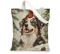 Christmas Australian Shepherd Dog Canvas Tote Bag for Shopping 13 * 15, Xmas Cardinal Snowy Reusable Grocery Shoulder Cloth Bag for Women, Pet Painting Gift Decoration
