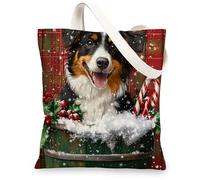 Christmas Australian Shepherd Dog Canvas Tote Bag for Shopping 13 * 15, Xmas Farmhouse Plaid Reusable Grocery Shoulder Cloth Bag for Women, Pet Painting Gift Decoration