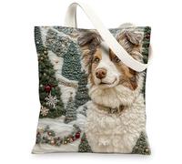 Christmas Australian Shepherd Dog Canvas Tote Bag for Shopping 13 * 15, Xmas Novelty Tree Reusable Grocery Shoulder Cloth Bag for Women, Pet Painting Gift Decoration
