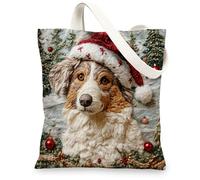 Christmas Australian Shepherd Dog Canvas Tote Bag for Shopping 13 * 15, Xmas Novelty Tree Reusable Grocery Shoulder Cloth Bag for Women, Pet Painting Gift Decor