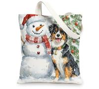 Christmas Australian Shepherd Dog Canvas Tote Bag for Shopping 13 * 15, Xmas Snowmen Tree Reusable Grocery Shoulder Bag for Women, Pet Painting Gift Decor
