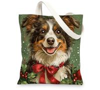 Christmas Australian Shepherd Dog Canvas Tote Bag for Shopping 13x15, Fun Xmas Holly Puppy Reusable Grocery Print Bag for Women, Holiday Pet Aesthetic Painting Gift Decor